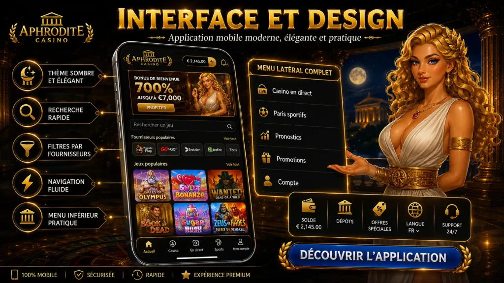 Interface de l'application Aphrodite Casino